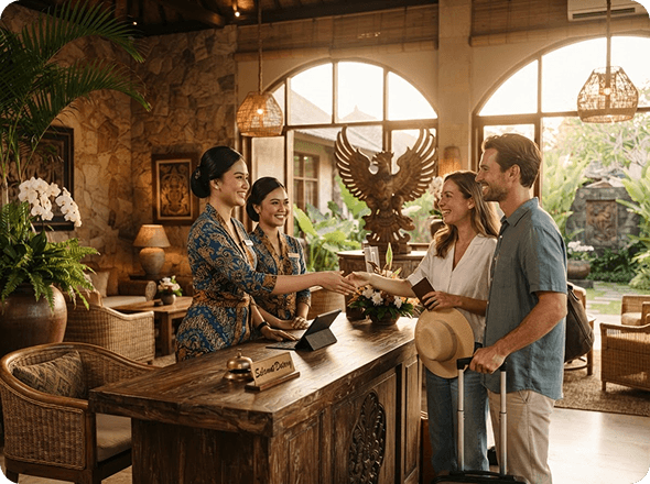 Hotel staff in batik welcome a smiling couple at a carved wooden reception desk